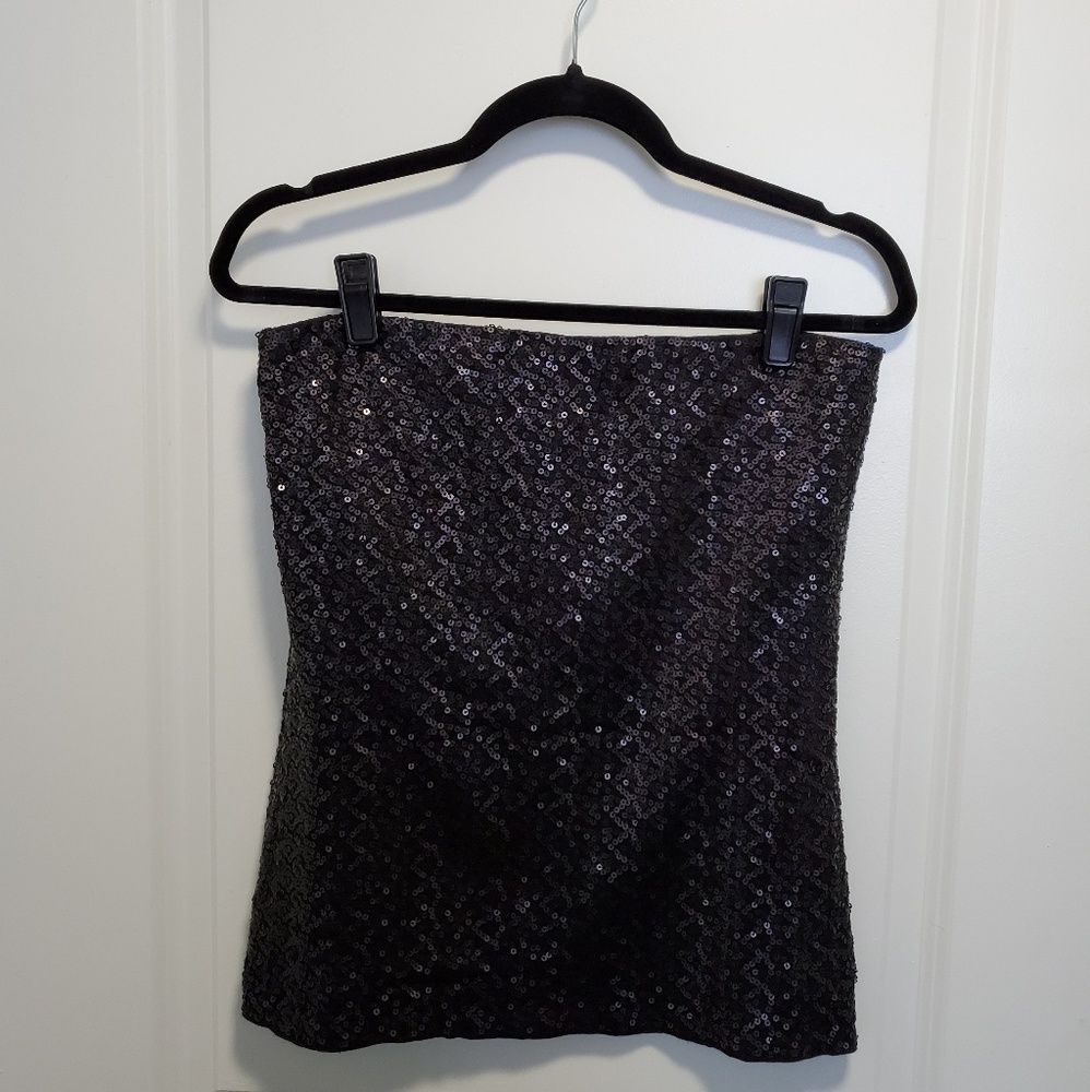 CAbi Black Sequined Strapless Top